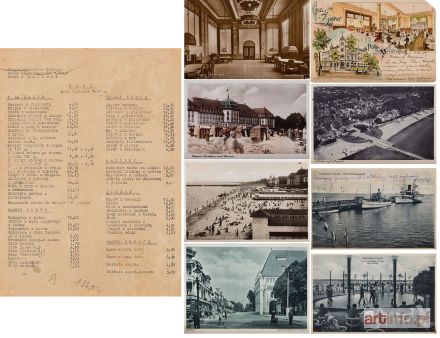 Kolekcja pocztówek z widokami na luksusowe hotele w Sopocie, kasyno oraz menu z Grand Hotelu