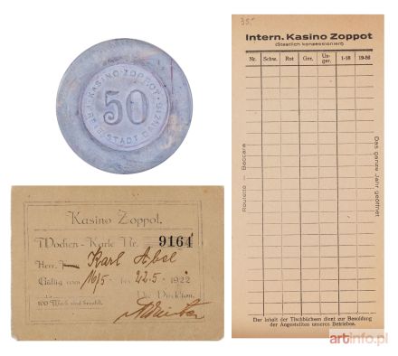 Kolekcja pamiątek z kasyna: bilet wstępu, blankiet oraz żeton o nominale 50