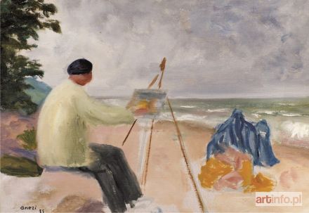 ANERI (WEISSOWA Irena) | Na plaży II - Artysta i jego modelka - Wojciech Weiss malujący nad morzem, 1935