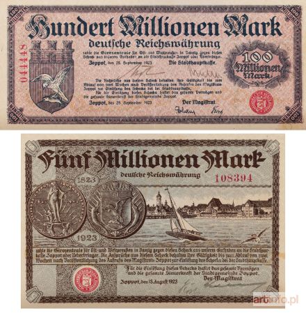 Para banknotów zastępczych wyemitowanych przez Magistrat Miasta Sopotu, 1923 r.