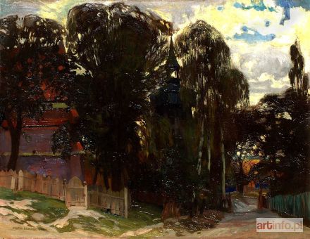 UZIEMBŁO Henryk | PEJZAŻ WIECZORNY Z KOŚCIOŁEM W TLE, 1906