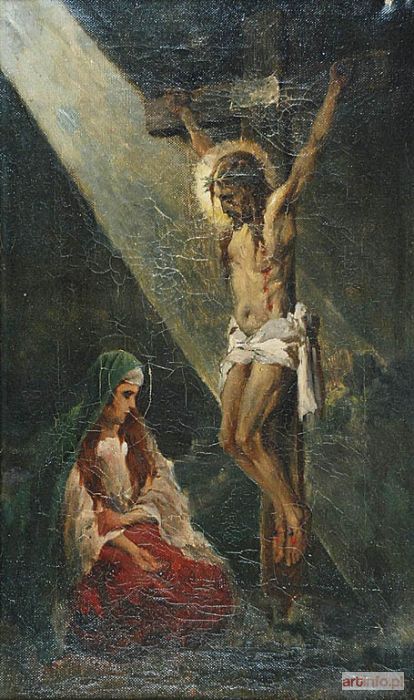 Malarz nieokreślony, polski XX w. | Maria Magdalena u stóp Chrystusa na krzyżu;