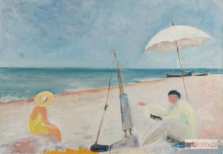 ANERI (WEISSOWA Irena) | Na plaży I - Artysta i jego modelka - Wojciech Weiss malujący nad morzem, 1935