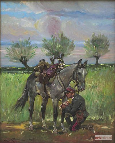 KOSSAK Jerzy | Żołnierz 1 pułku szwoleżerów opatrujący konia, 1922