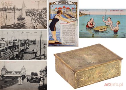 Kolekcja pocztówek z widokami z mola w Sopocie oraz kaseta na nagrodę, 1915 r.
