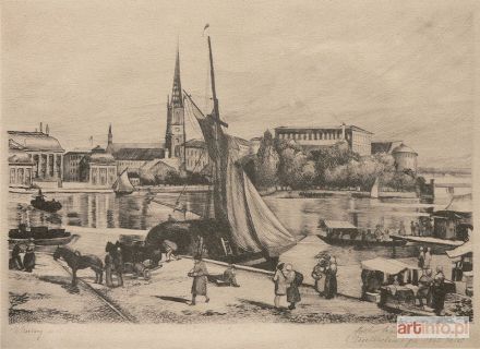 Malarz nieokreślony, 1 poł. XX w. | Widok na wyspę Riddarholmen w Sztokholmie z 1860 r.